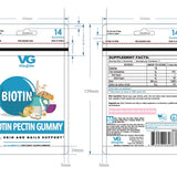 Technical drawing of a Biotin Pectin Gummy supplement packaging with dimensions and label details.