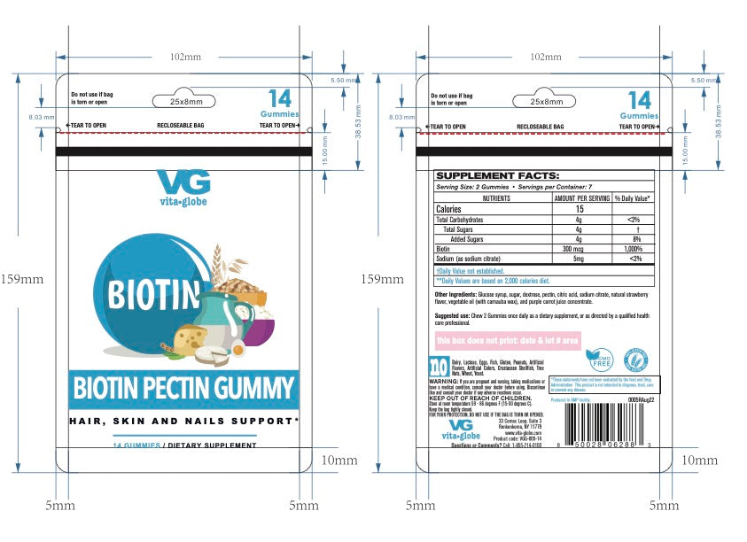 Technical drawing of a Biotin Pectin Gummy supplement packaging with dimensions and label details.