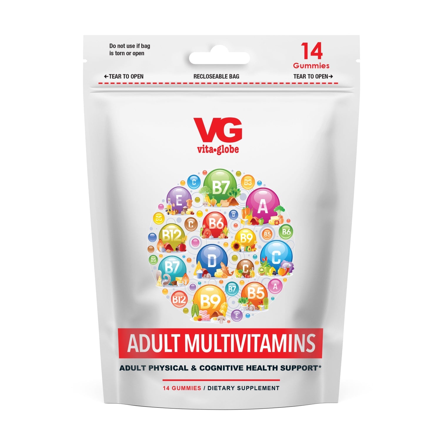 Vita Globe Adult Multivitamin gummies 14-count travel pouch in peach, strawberry and orange flavors