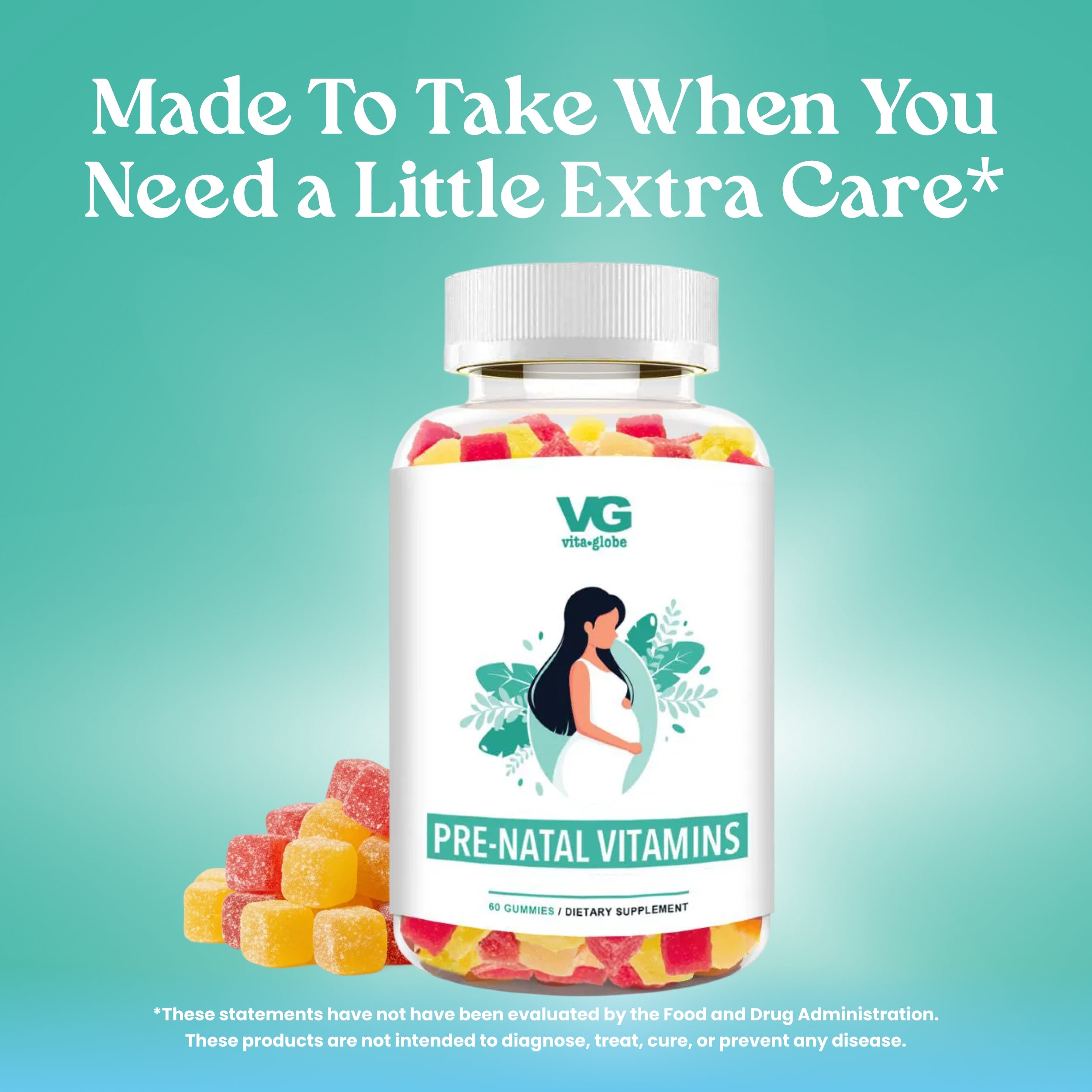 Bottle of Vita Globe pre-natal vitamins with colorful gummies on a teal background
