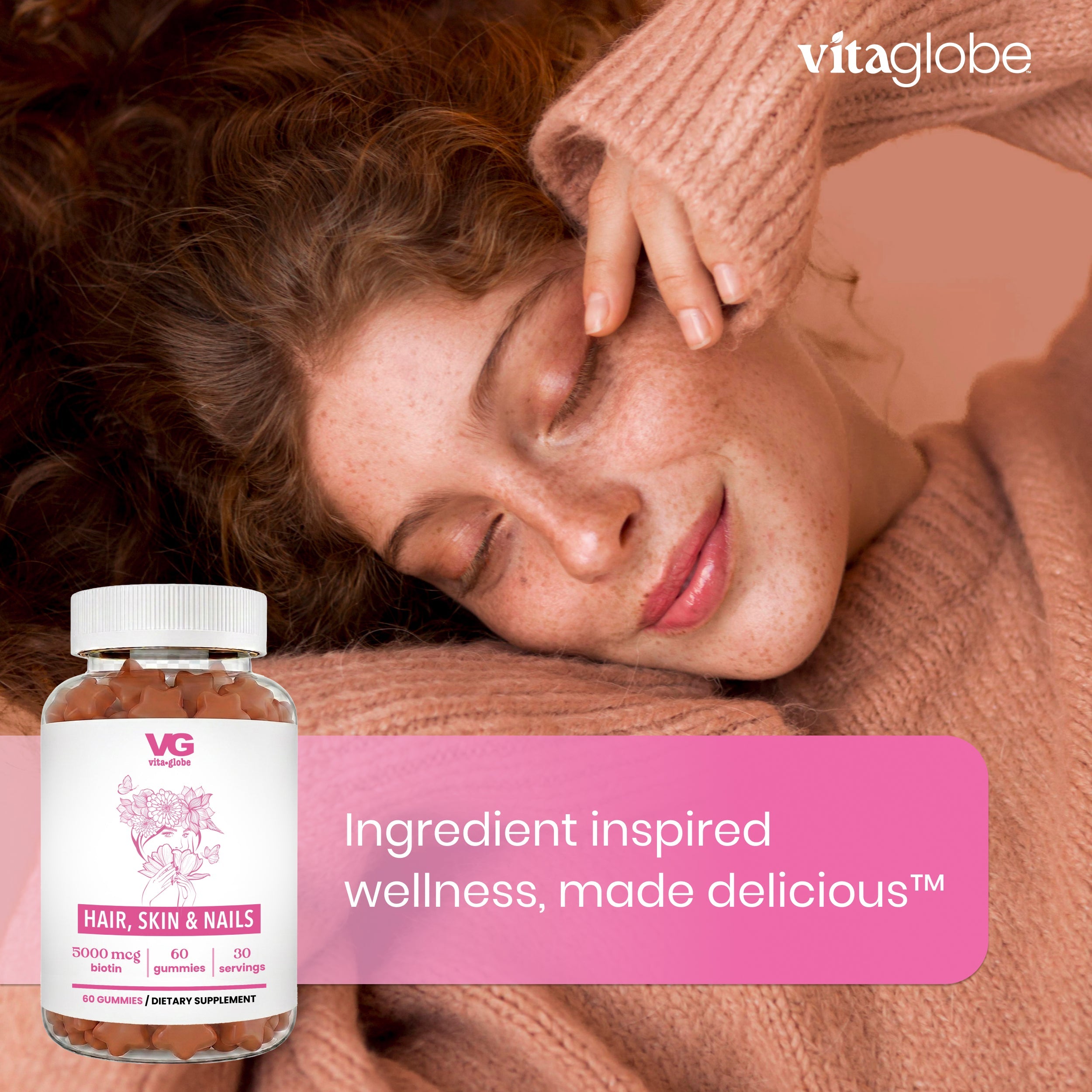 Woman relaxing with a bottle of Vita Globe Hair, Skin & Nails gummies in the foreground