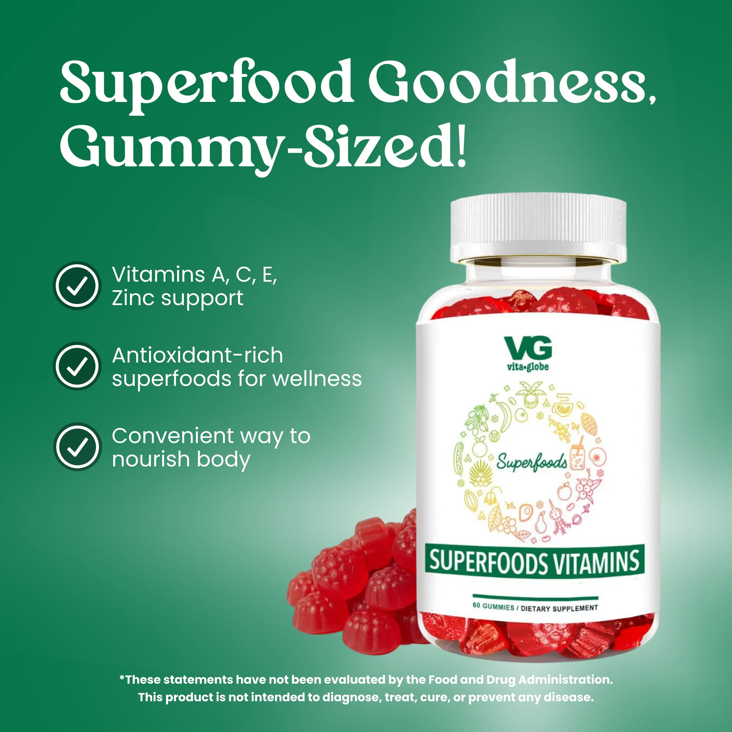 Bottle of Vita Globe superfood vitamins with gummy bears on a green background