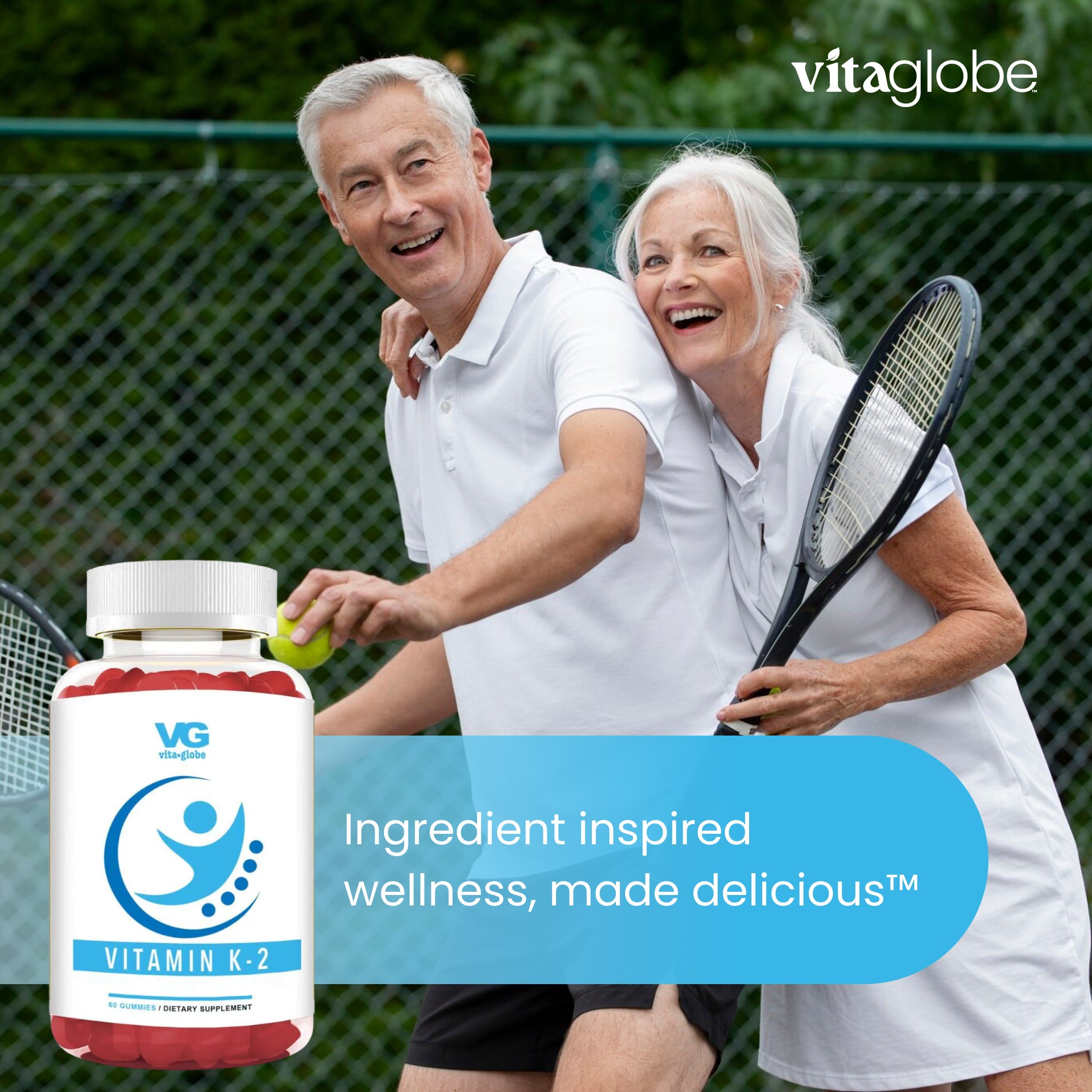 Two older adults playing tennis with a bottle of Vitamin K-2 supplement in front, featuring the Vitaglobe brand.