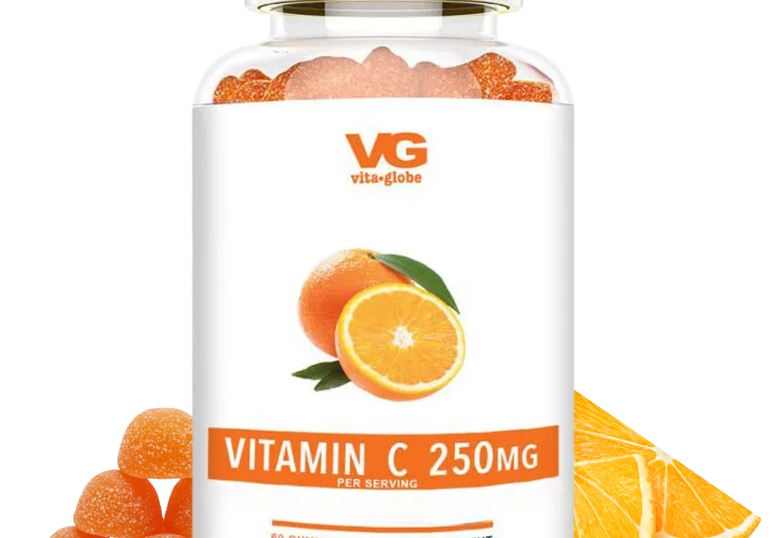 Vitamin C gummy supplement bottle with orange slices on a white background
