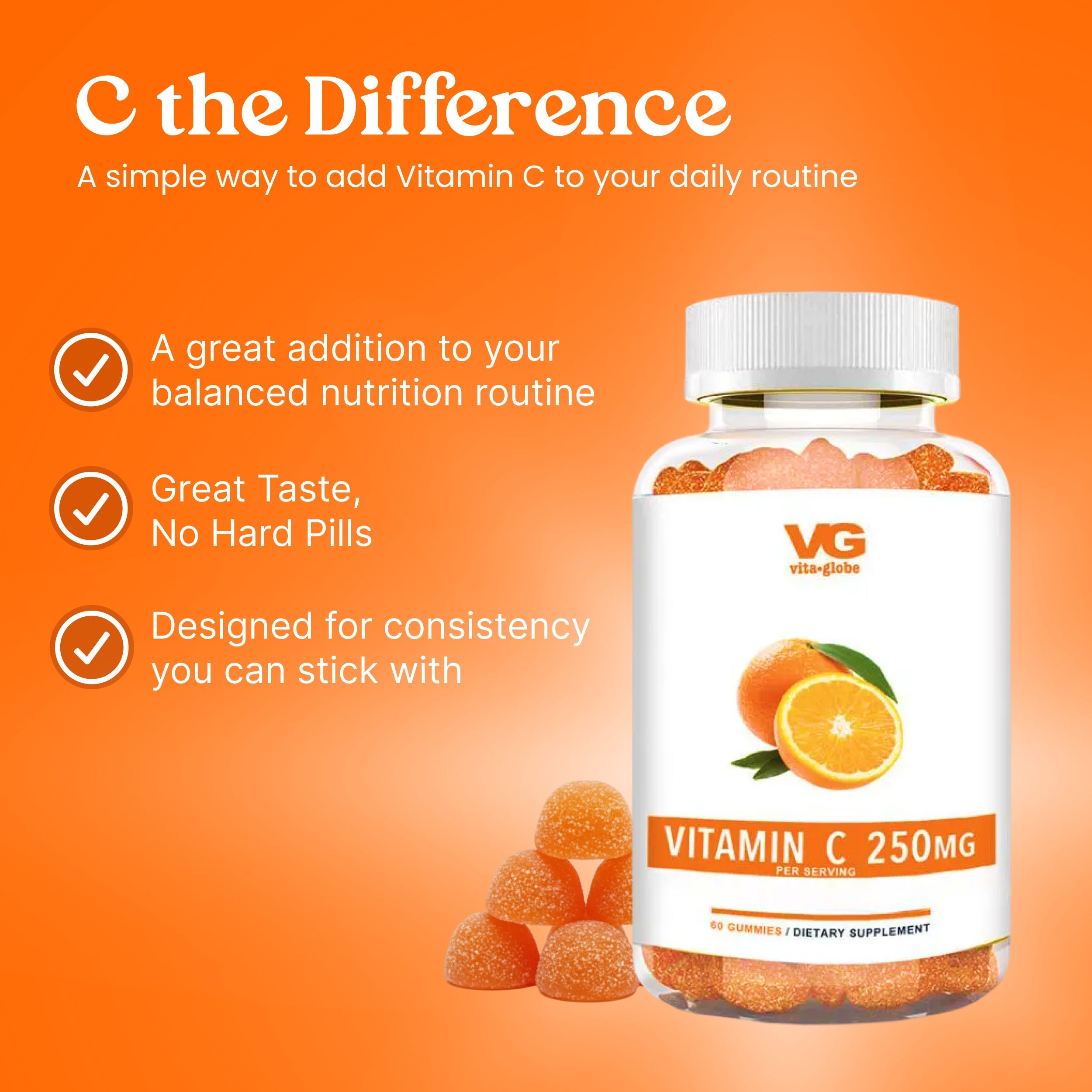 Vita Globe Vitamin C supplement bottle with orange flavor on an orange background