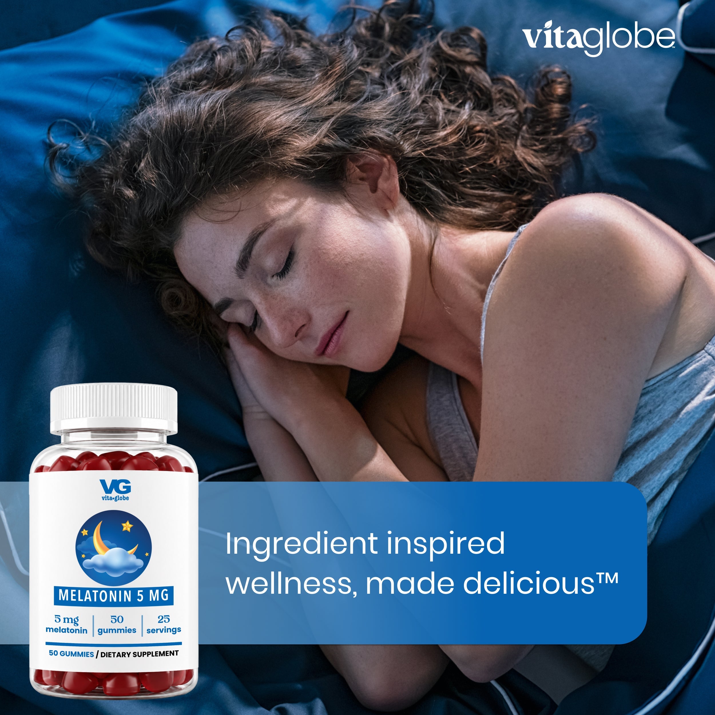 A woman sleeping soundly in bed next to a bottle of vitaglobe Melatonin 5 mg dietary supplement, with a blue banner reading 'Ingredient inspired wellness, made delicious'.