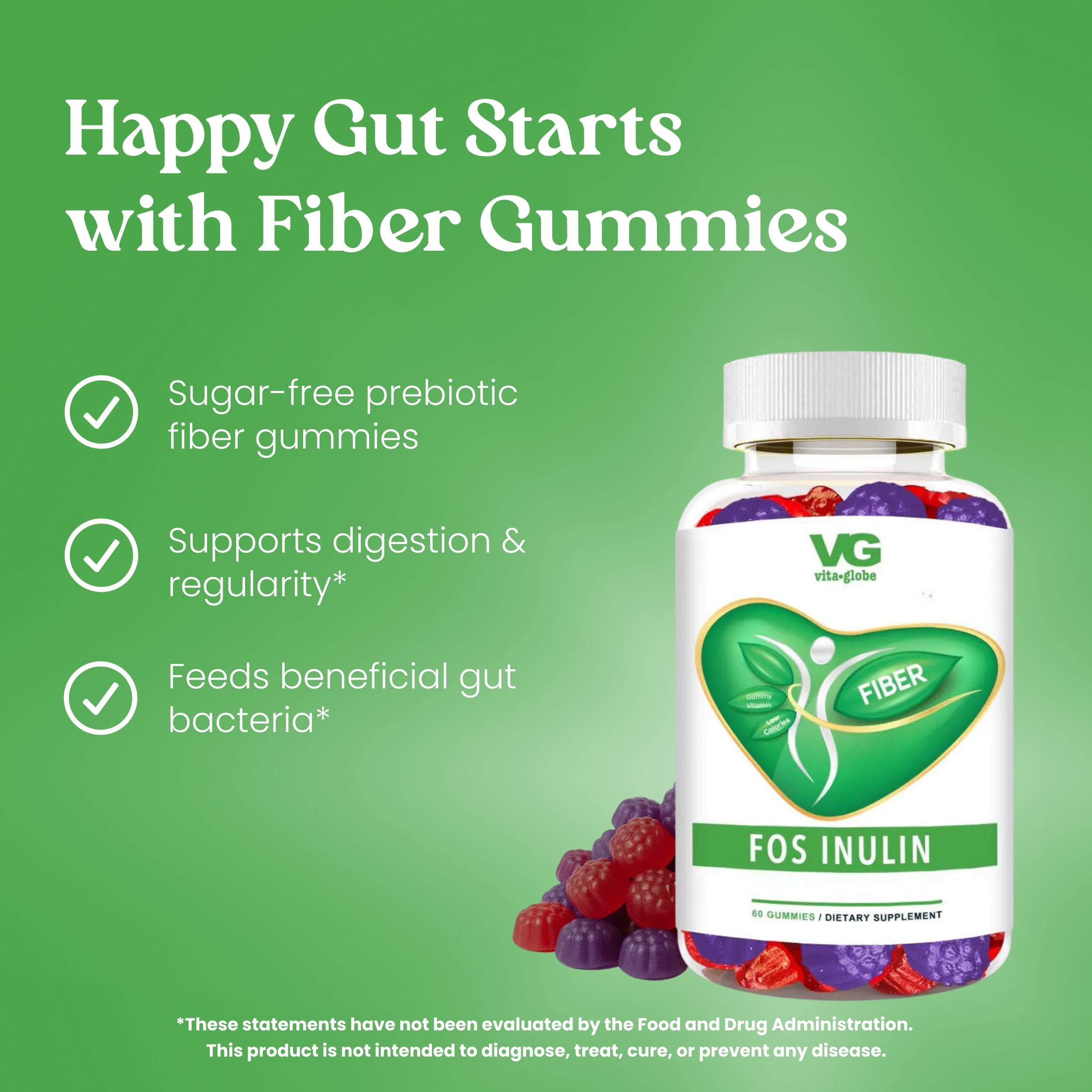 Vita Globe Fiber gummies bottle with green background and text highlighting benefits