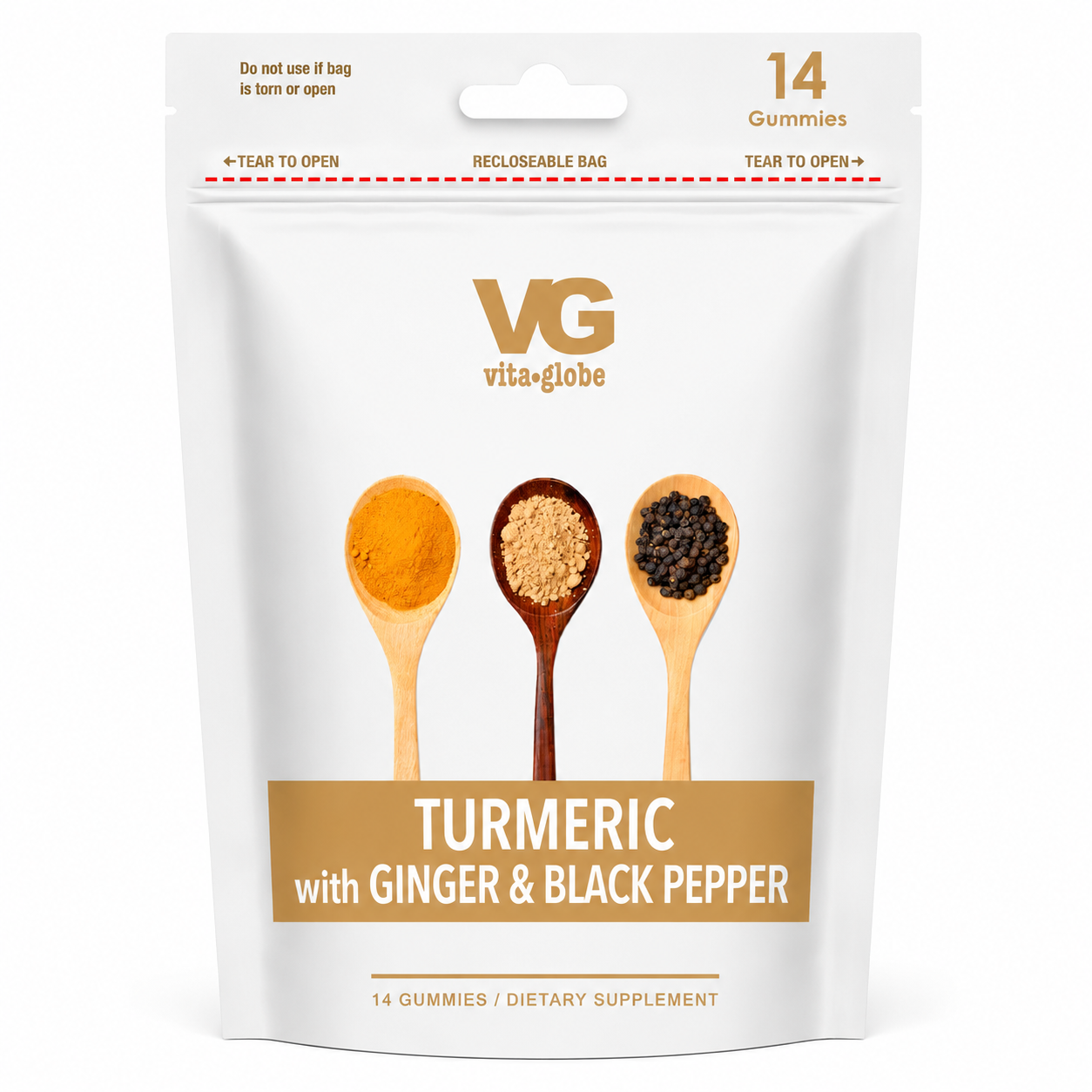 Packaging of Vita-Globe Turmeric with Ginger & Black Pepper gummies on a white background