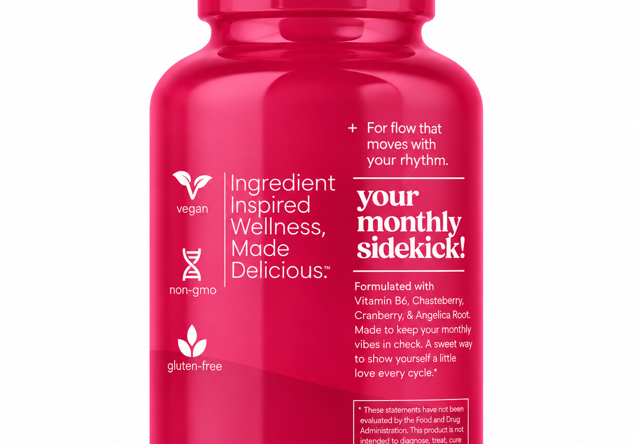 Vita Globe Her PMS Gummies bottle, lush strawberry flavor, formulated with vitamin B6, chasteberry, cranberry and angelica root