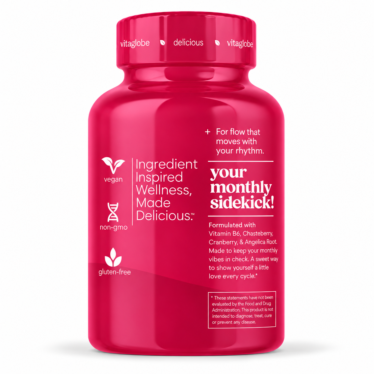 Vita Globe Her PMS Gummies bottle, lush strawberry flavor, formulated with vitamin B6, chasteberry, cranberry and angelica root