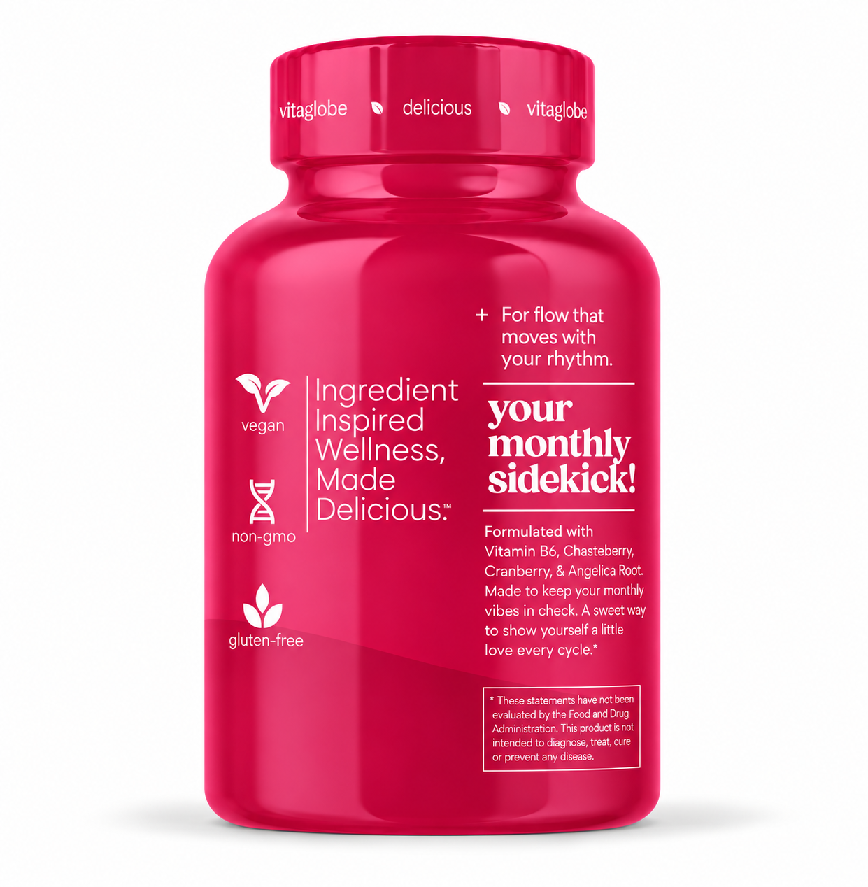 Vita Globe Her PMS Gummies bottle, lush strawberry flavor, formulated with vitamin B6, chasteberry, cranberry and angelica root
