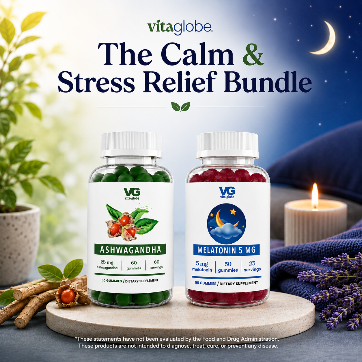 Vita Globe Calm & Stress Relief Bundle featuring Ashwagandha and Melatonin 5mg bottles with candle and lavender at night