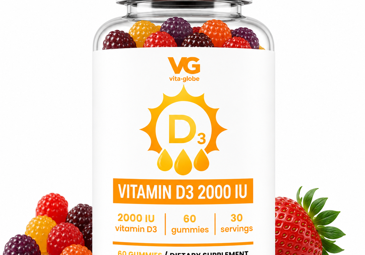Bottle of Vita Globe Vitamin D3 2,000 IU Gummies surrounded by fresh berries and strawberries