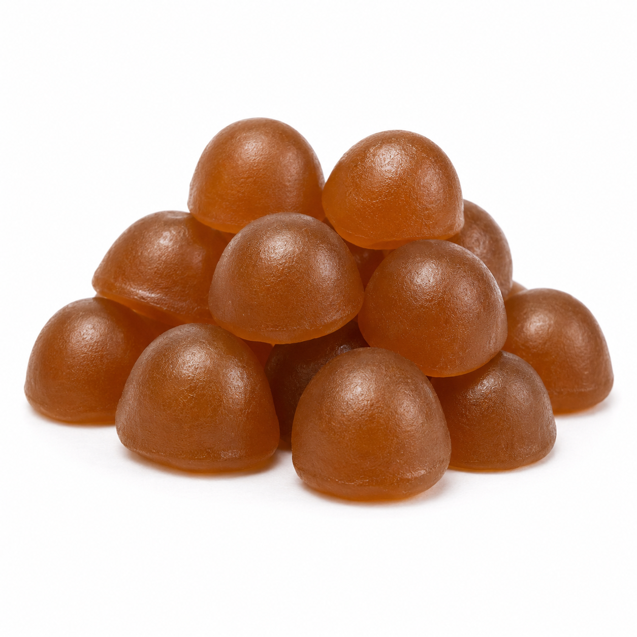 Close-up of Vita Globe Mushroom Complex gummies, amber-brown dome-shaped gummies