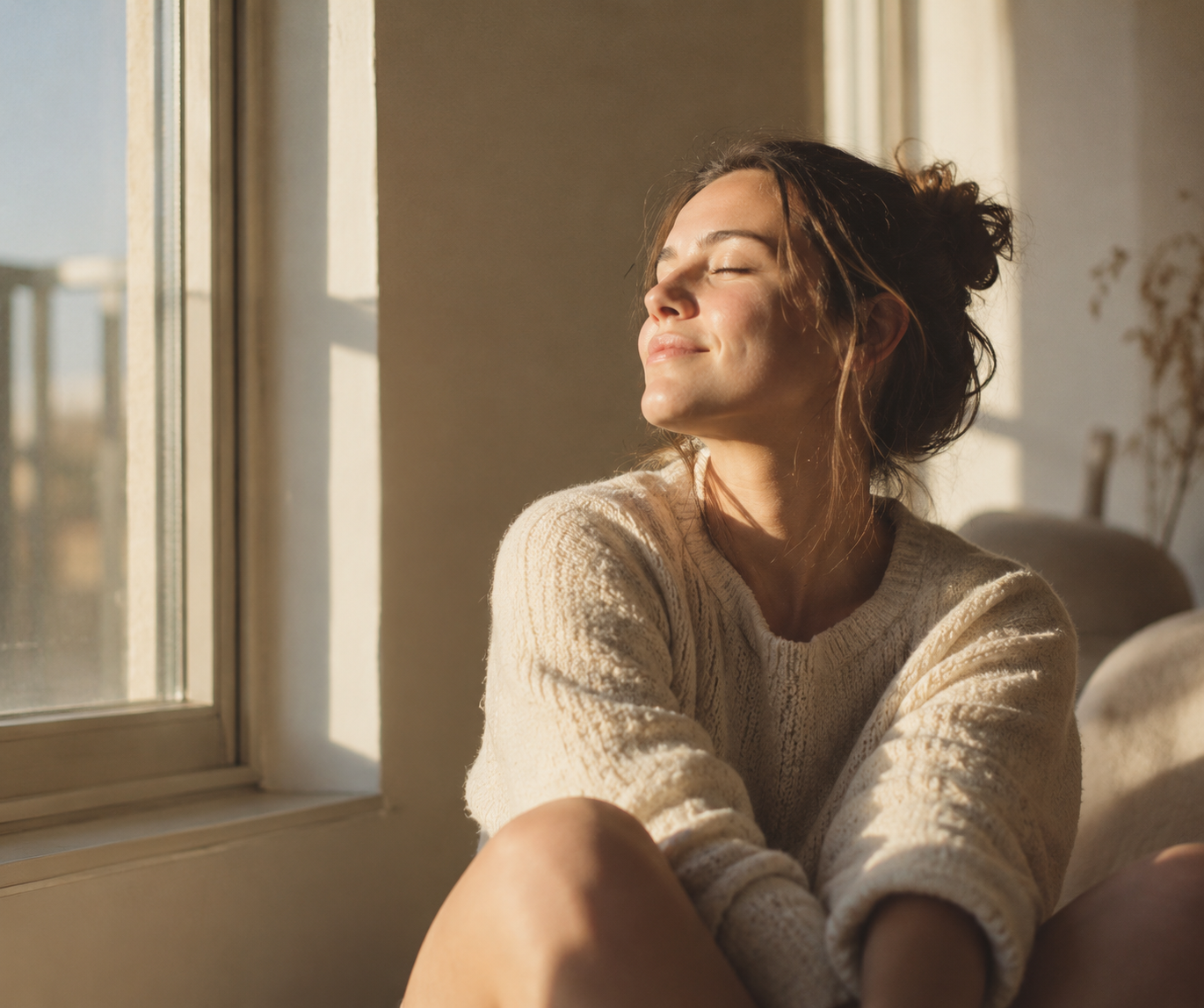 Woman sitting by a sunlit window with eyes closed, soaking in warm natural light