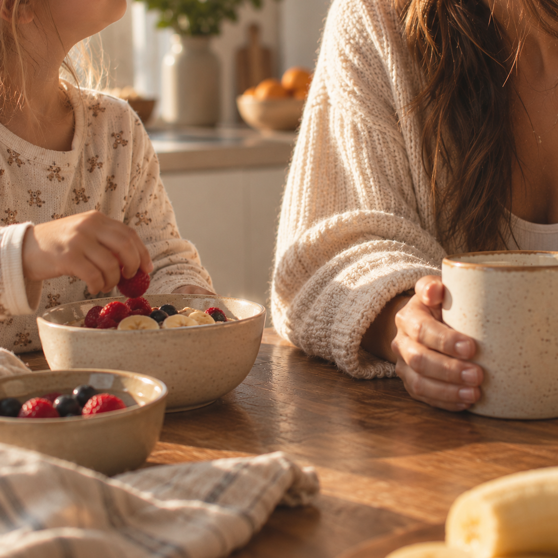 Mother and daughter sharing a sunlit breakfast of berries and bananas at the kitchen table