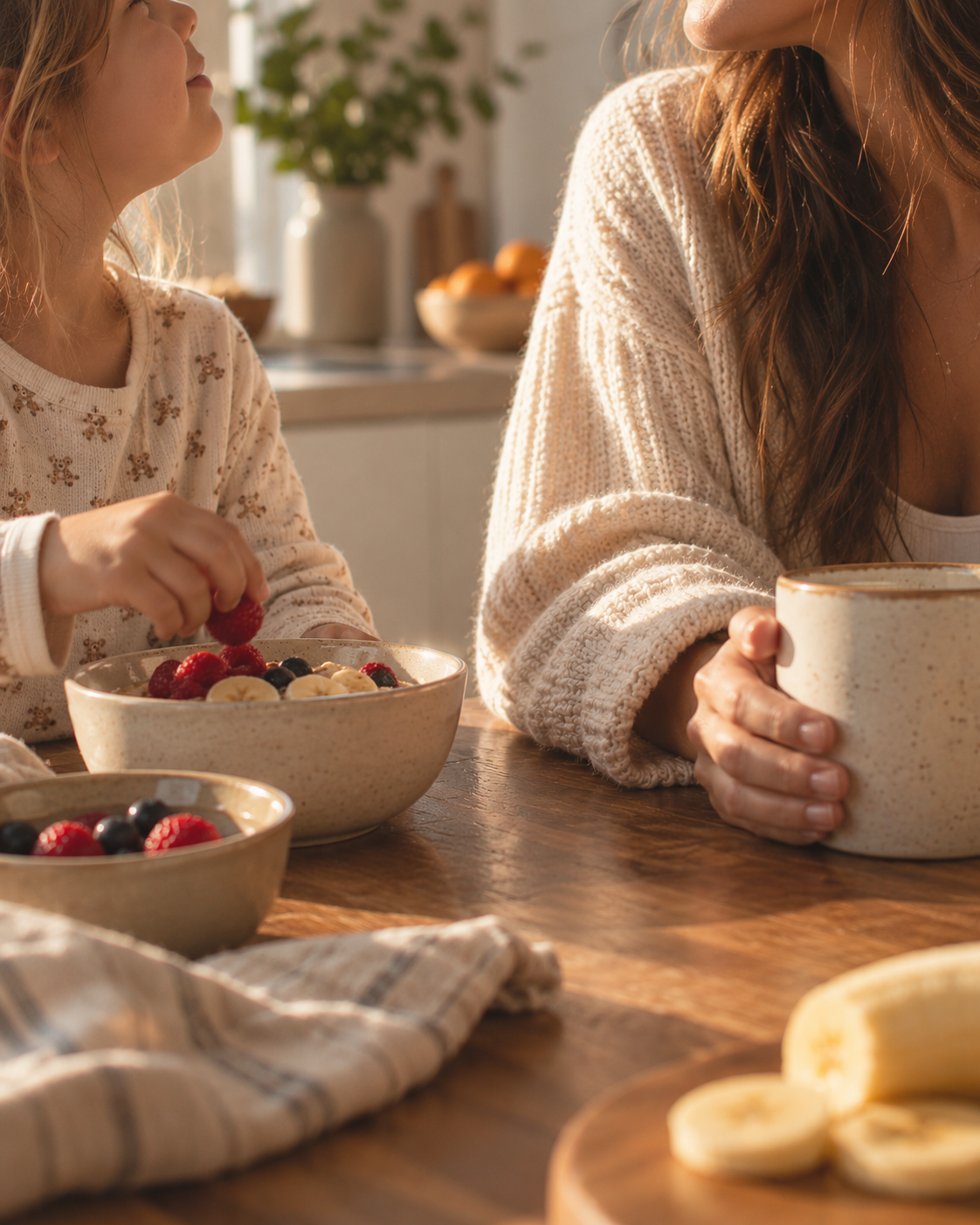 Mother and daughter sharing a sunlit breakfast of berries and bananas at the kitchen table