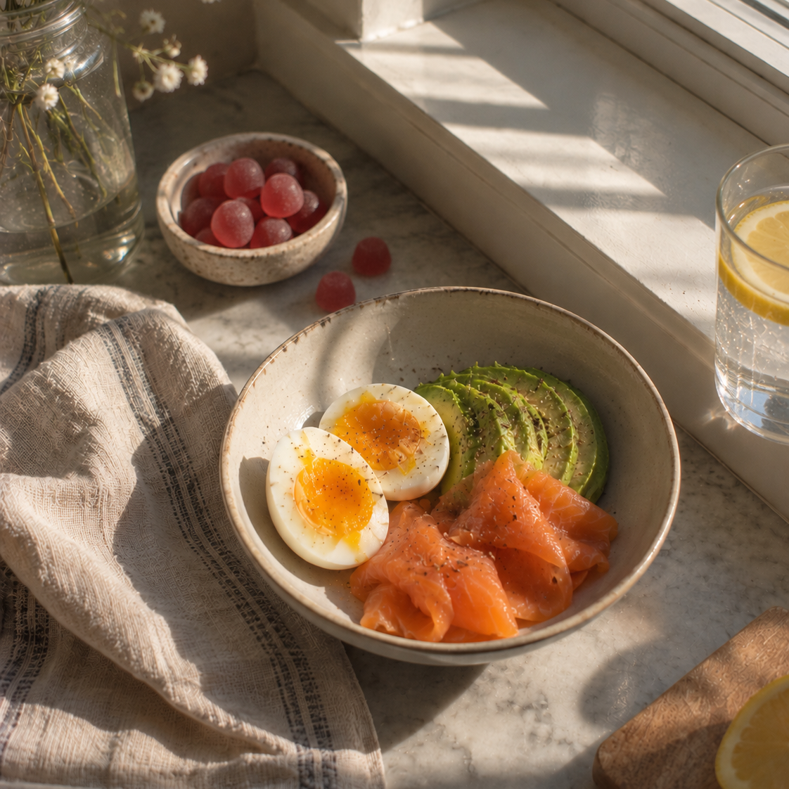 Sunlit bowl of soft-boiled eggs, avocado, and smoked salmon by a window, with fresh flowers and gummies nearby