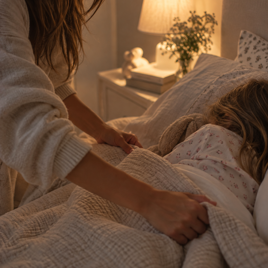 Parent tucking a child into bed at night by the warm glow of a bedside lamp