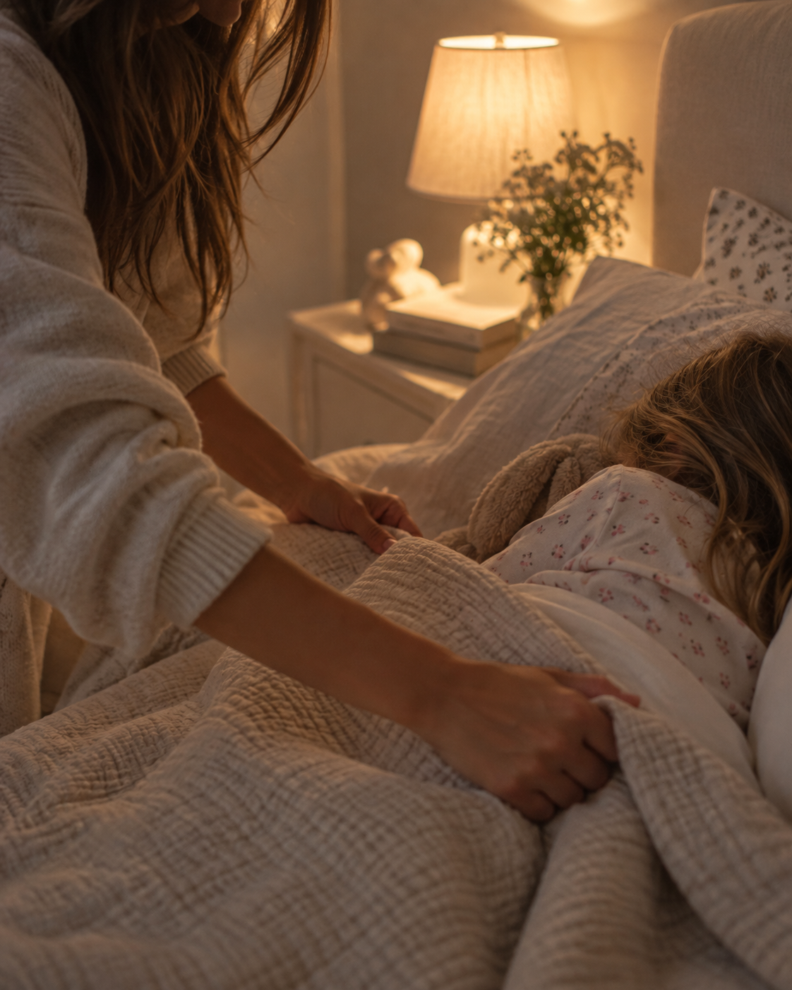 Parent tucking a child into bed by the glow of a bedside lamp