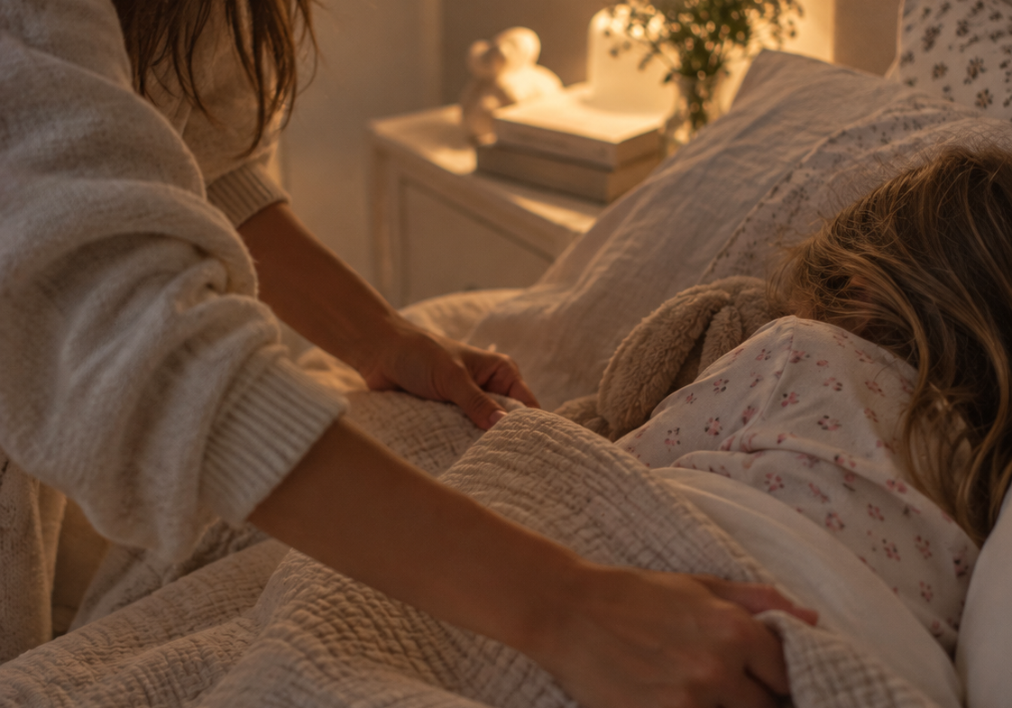 Parent tucking a child into bed by the glow of a bedside lamp
