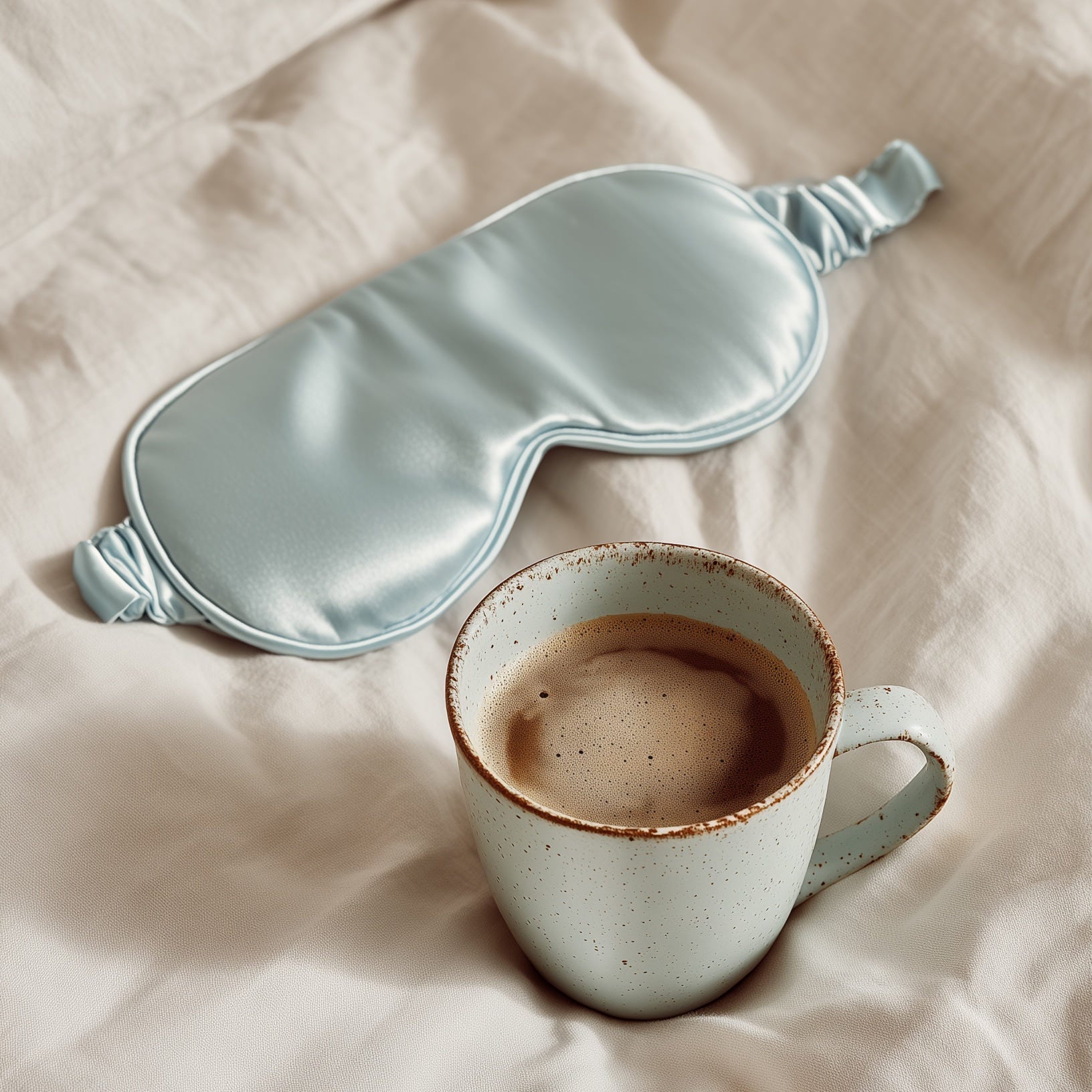 Satin sleep mask and a cup of coffee resting on beige bed linens