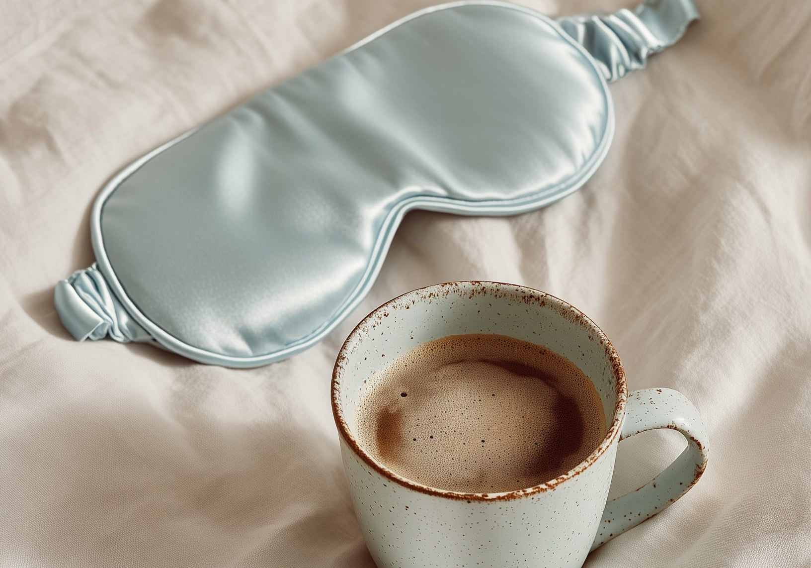 Silk sleep mask and a cup of coffee on rumpled linen bedding