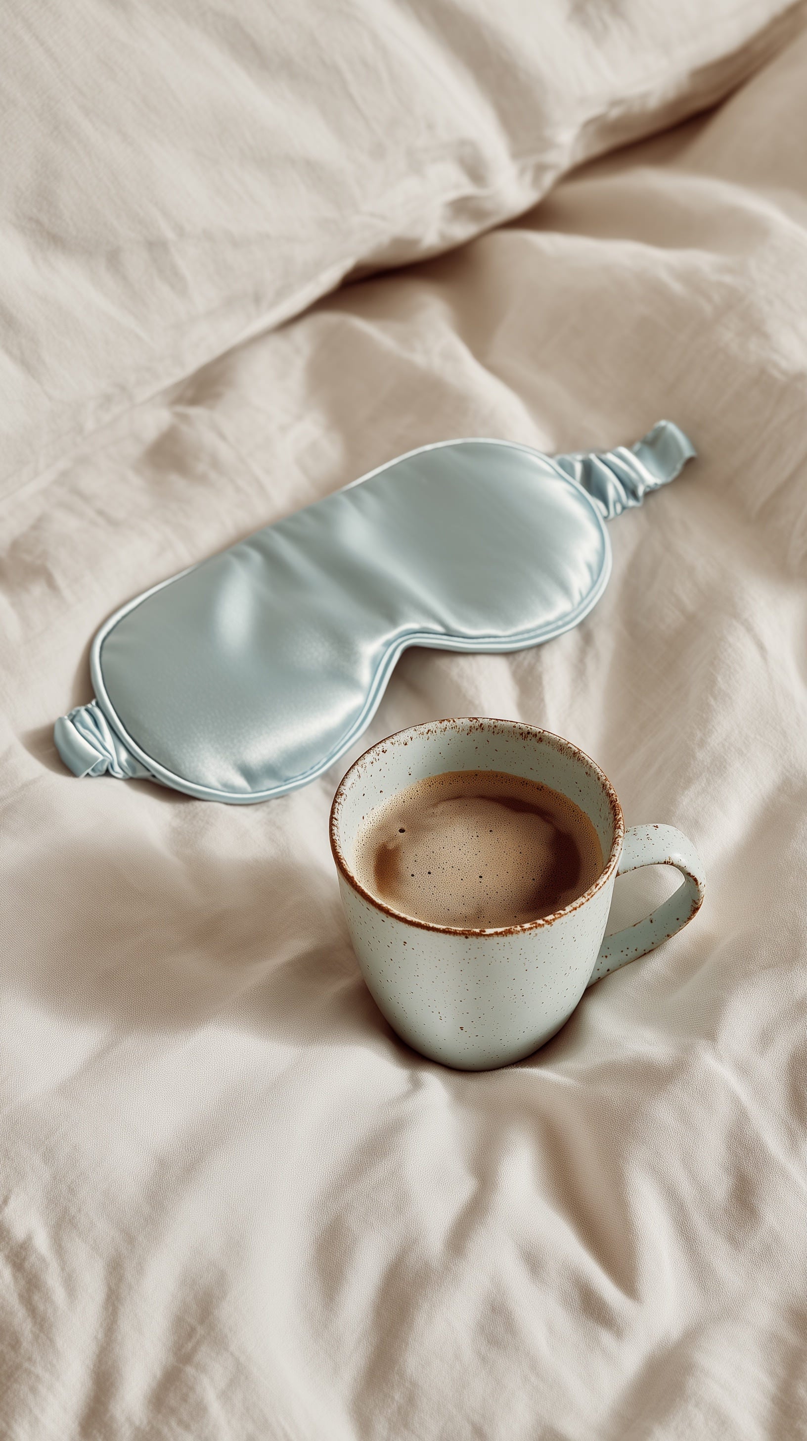 Silk sleep mask and a cup of coffee on rumpled linen bedding