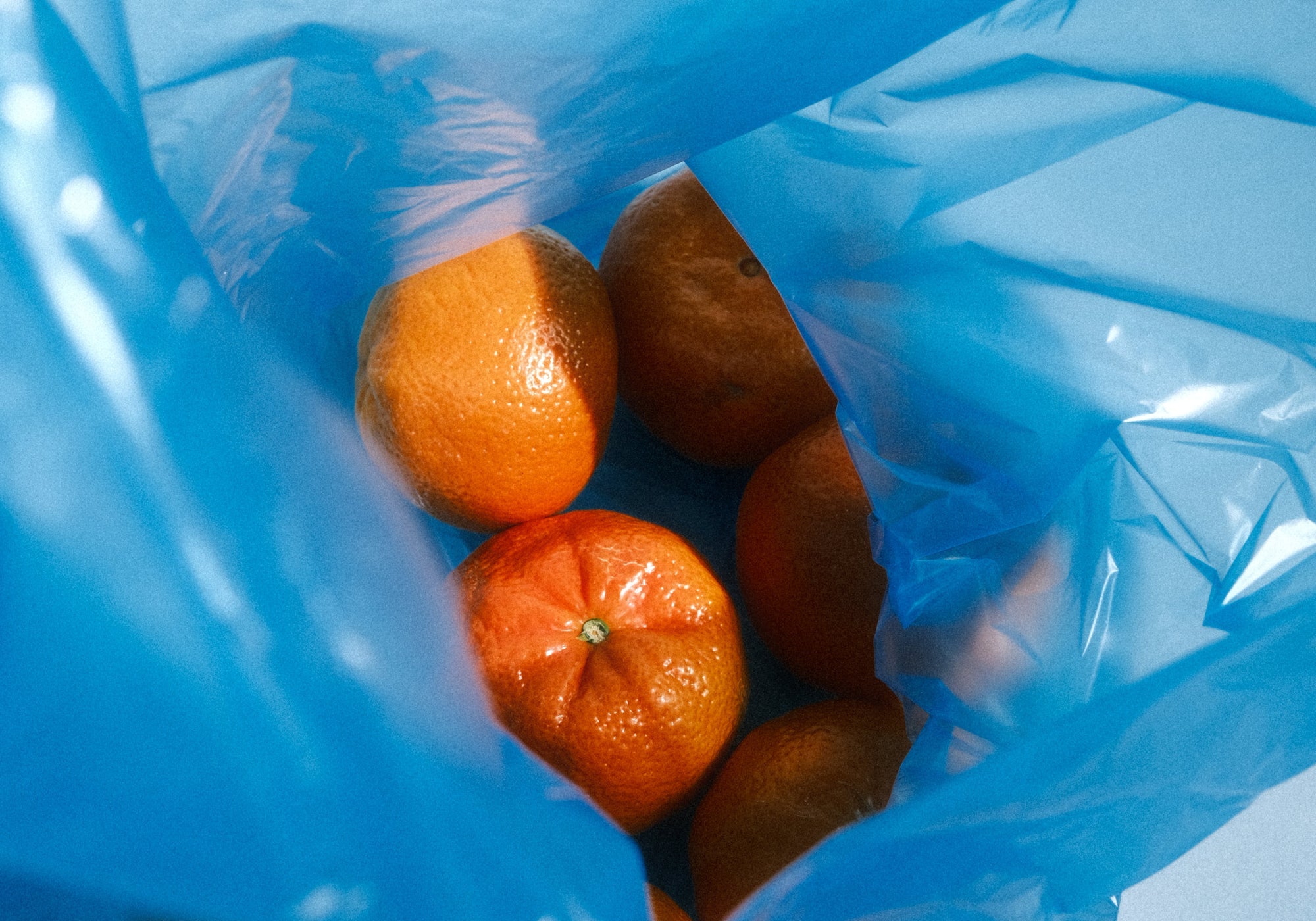 Tangerines in a blue shopping bag