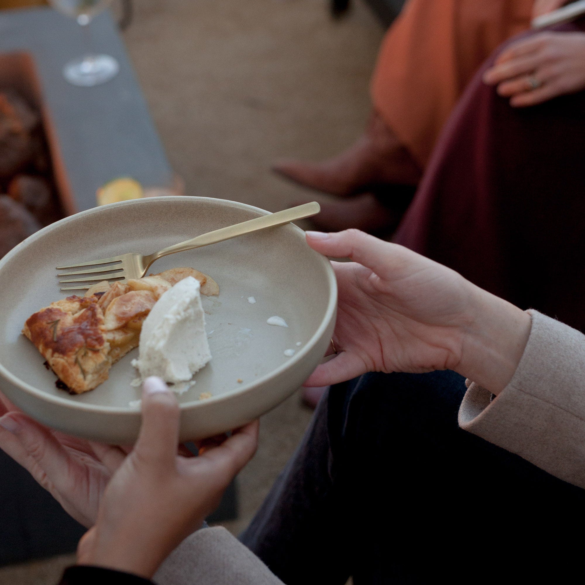 Friends sharing food at a gathering, passing a plate