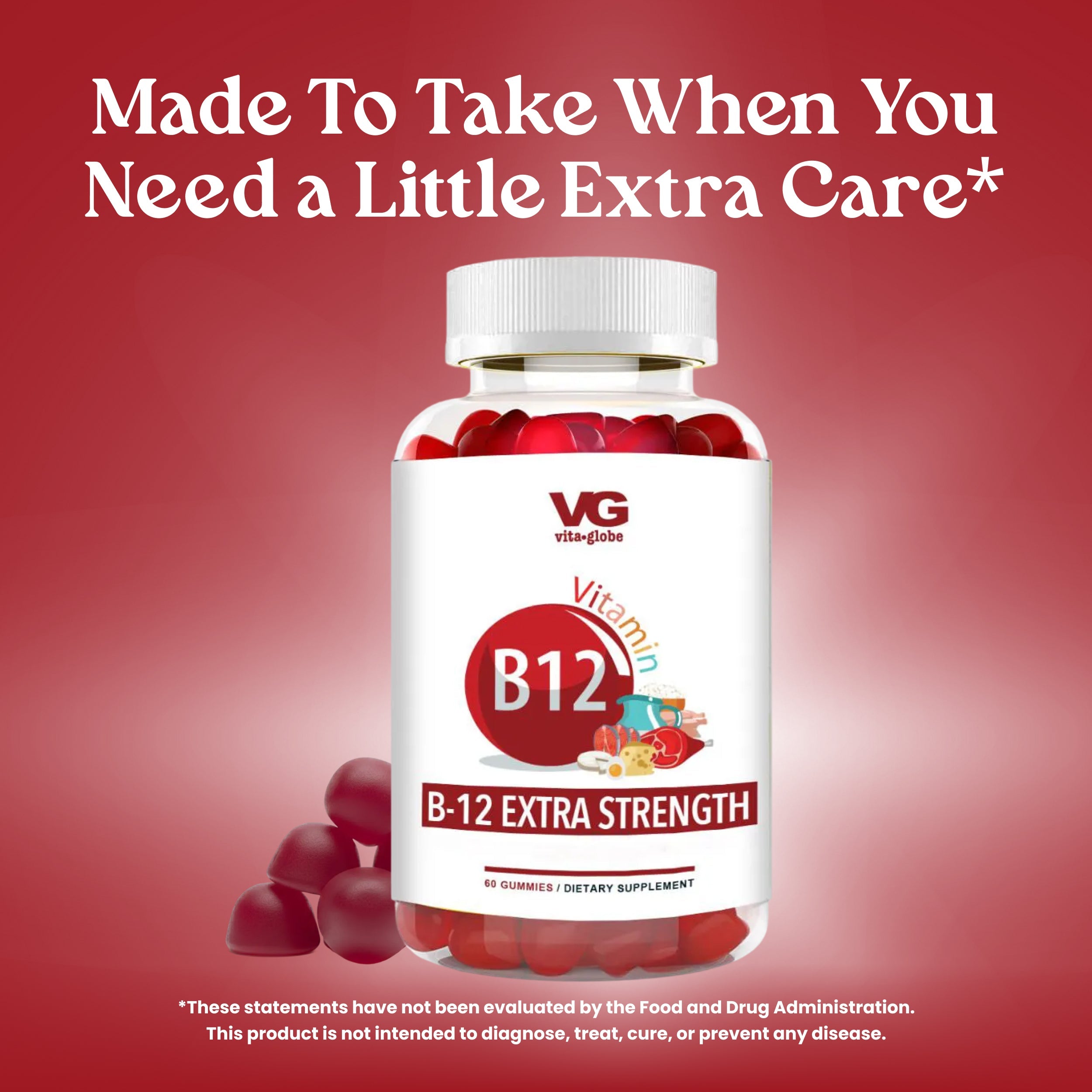 Vita Globe B12 Extra Strength gummies bottle on a red background