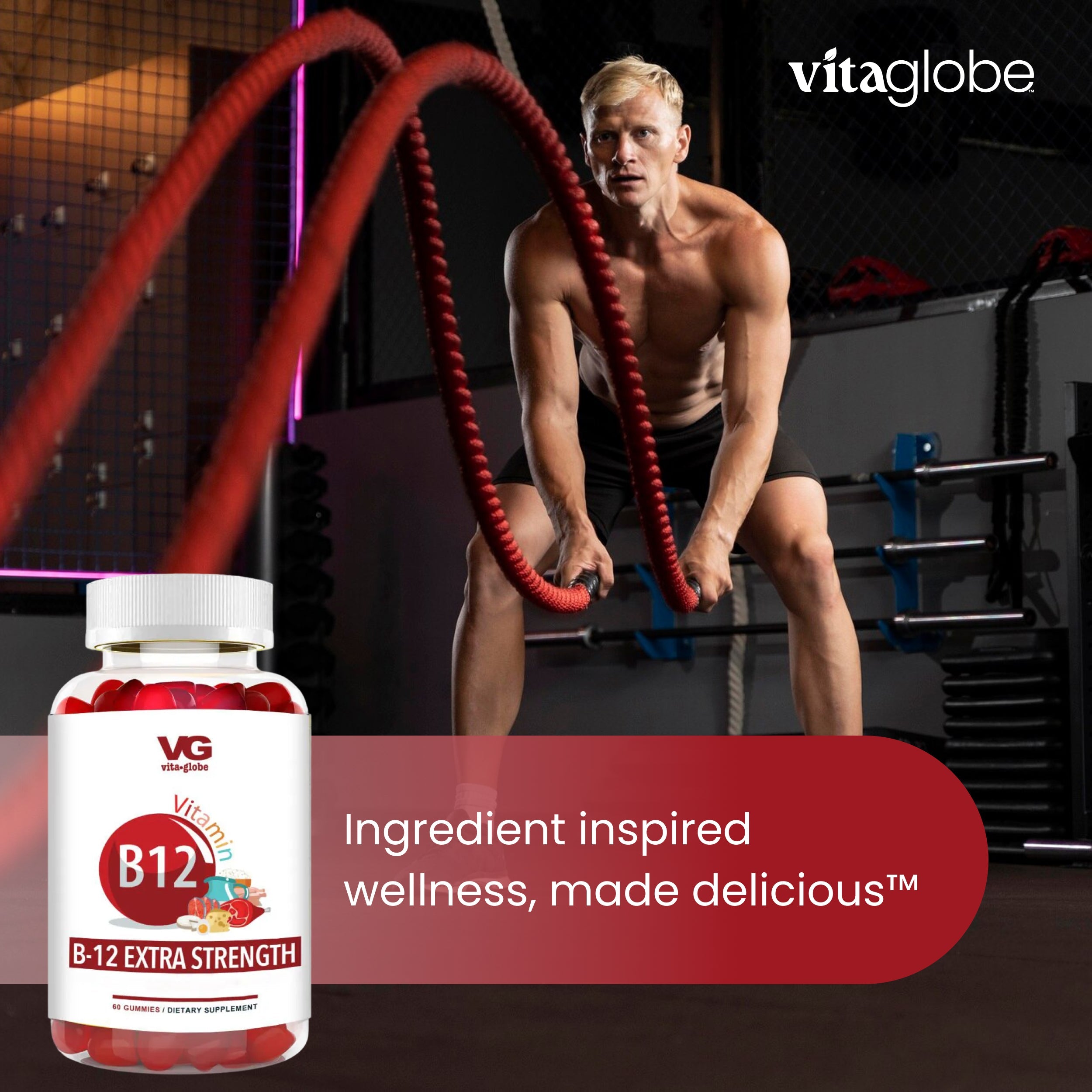 Man exercising with resistance ropes in a gym setting, Vitaglobe B12 supplement bottle displayed.