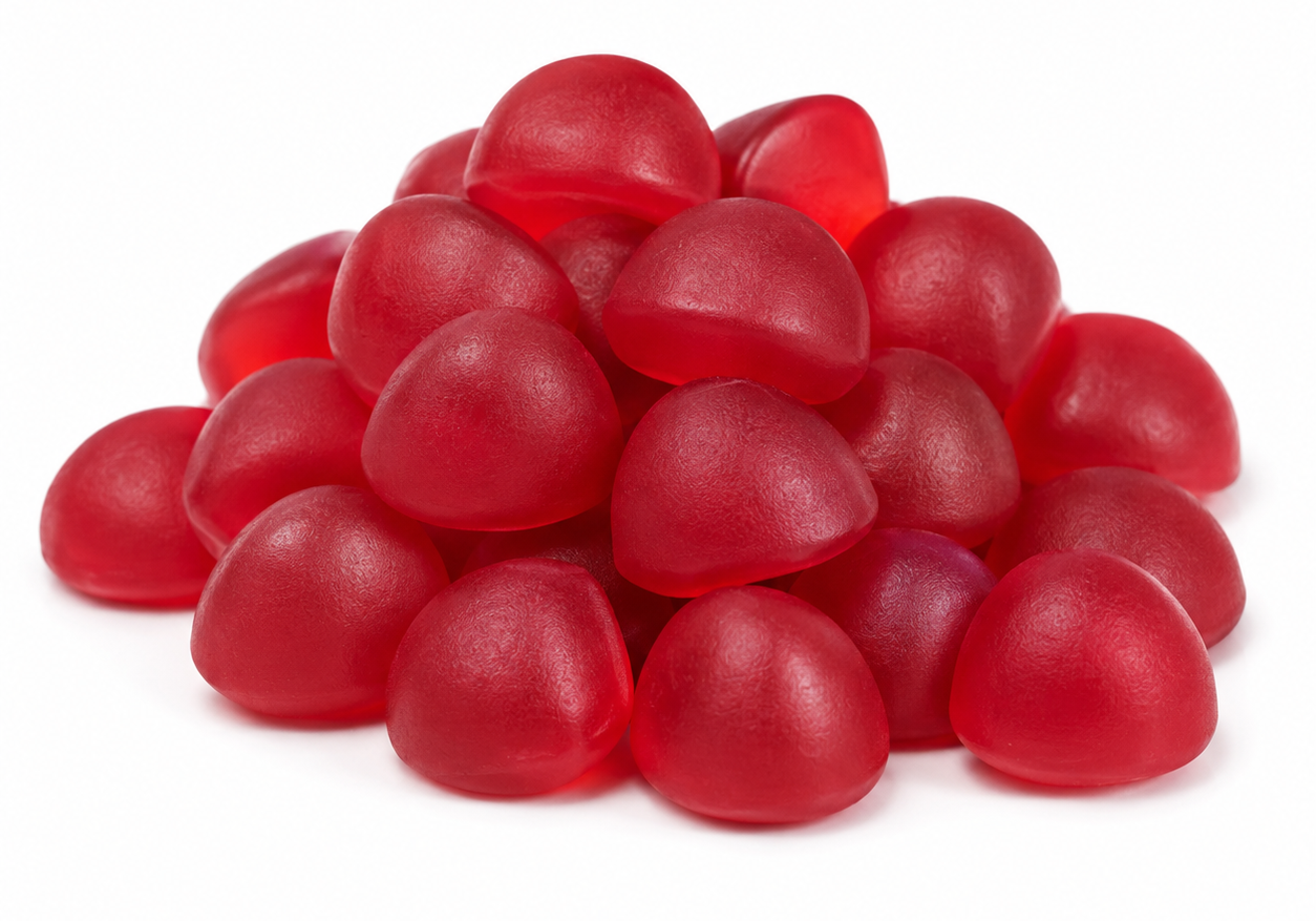 Close-up of Vita Globe Vitamin B12 gummies, red raspberry-flavored gummies