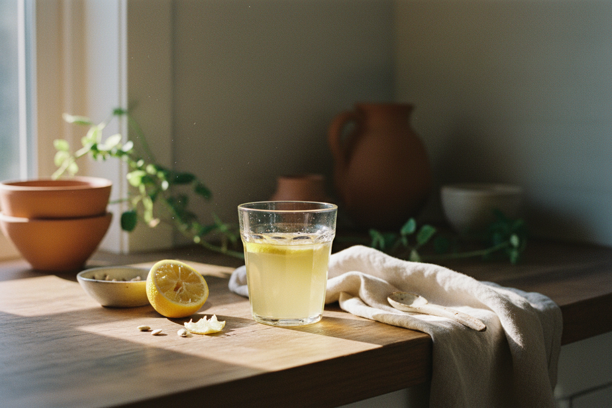 Glass of apple cider vinegar drink with lemon on a wooden kitchen counter