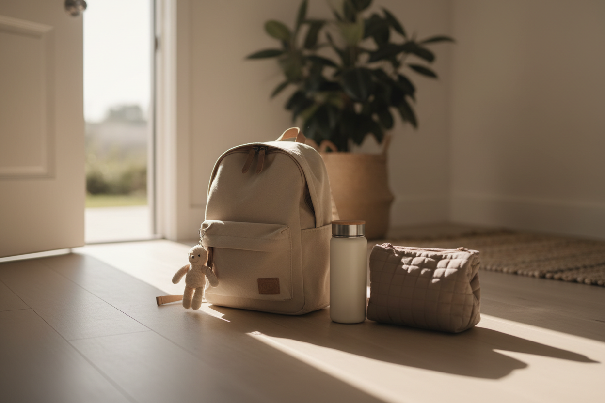 Kid's backpack, water bottle, and packed lunch bag lined up by a sunlit front door
