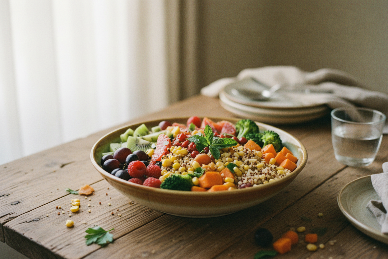 Colorful bowl of fresh fruits, vegetables and whole grains on a wooden table