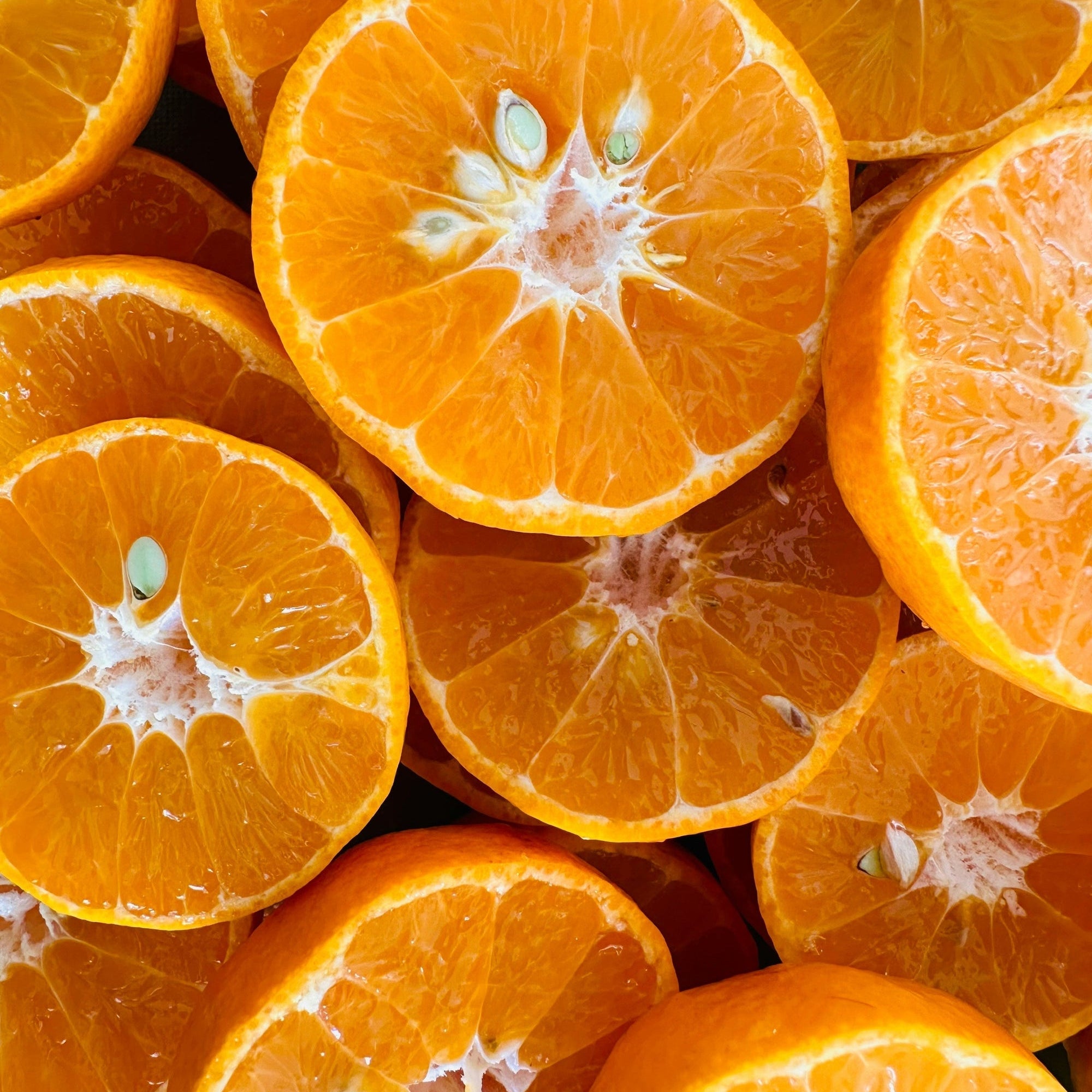 Close-up of halved mandarin oranges