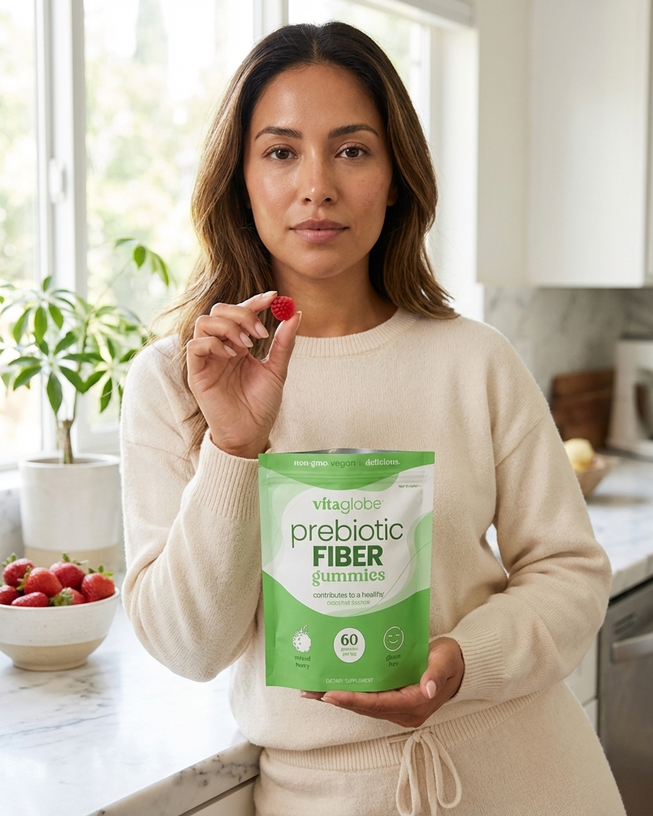Woman in her kitchen holding a Vita Globe Sugar Free Prebiotic Fiber Gummies pouch and eating a raspberry