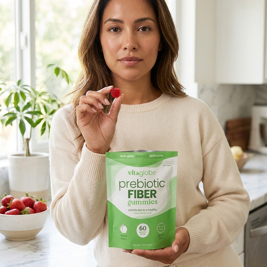 Woman in her kitchen holding a Vita Globe Sugar Free Prebiotic Fiber Gummies pouch and eating a raspberry