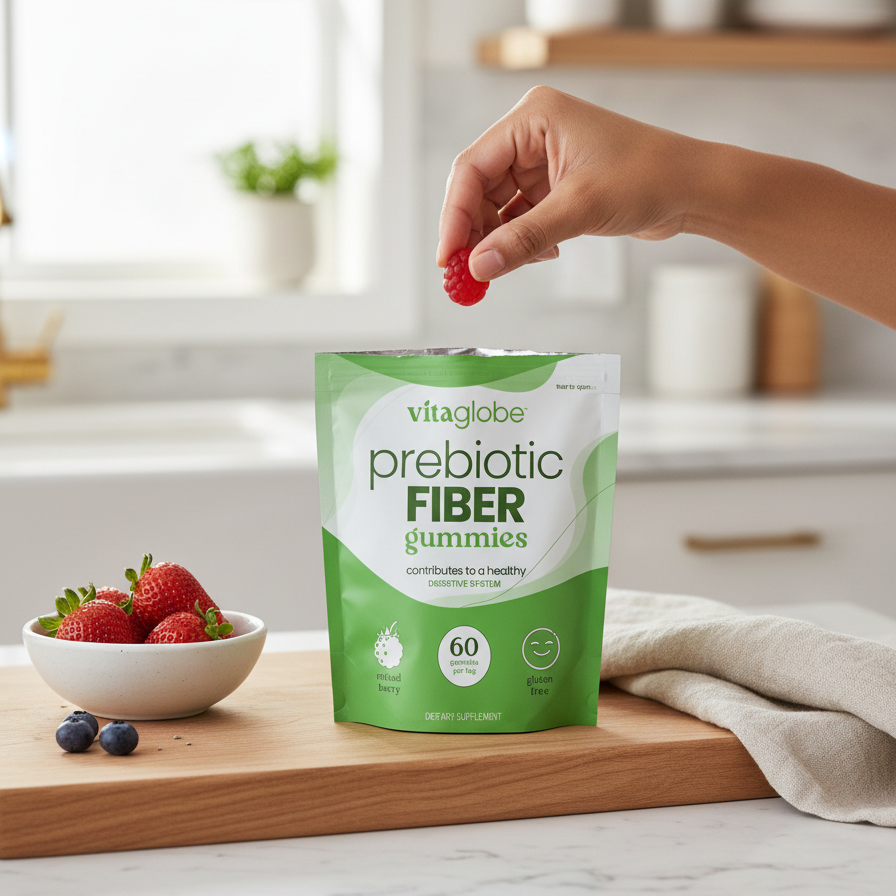 Vitaglobe prebiotic fiber gummies packaging with a hand holding a gummy and a bowl of strawberries on a kitchen counter.