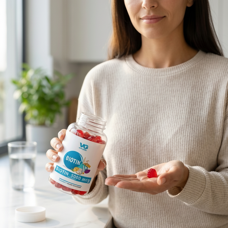 A woman in a bathrobe holding a bottle of Biotin gummies while getting ready in front of a bathroom mirror.