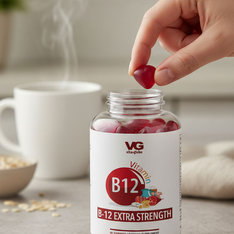Vita Globe B12 supplement bottle with gummy vitamins on a table next to a cup of tea.
