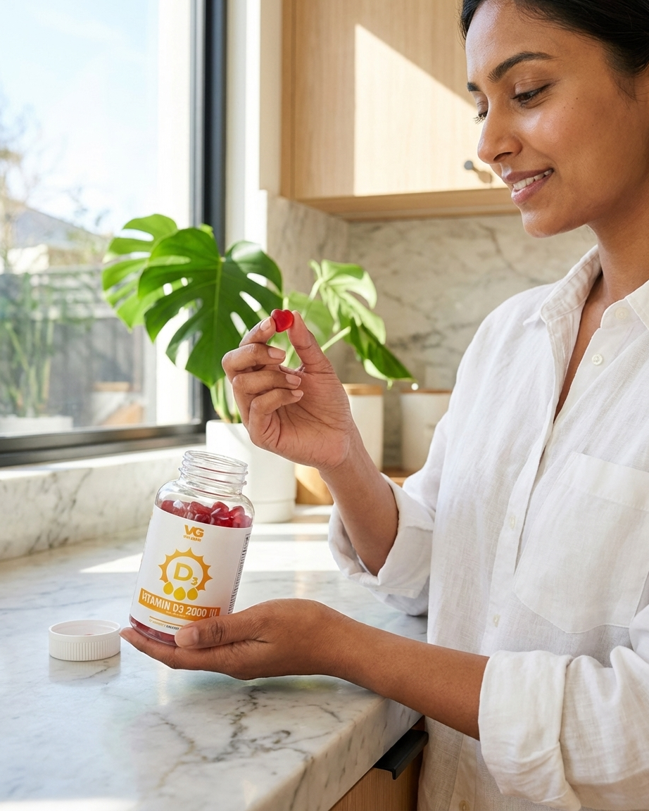 Woman in a robe in her kitchen holding a Vita Globe Super Probiotic Gummies jar with a plant in the background