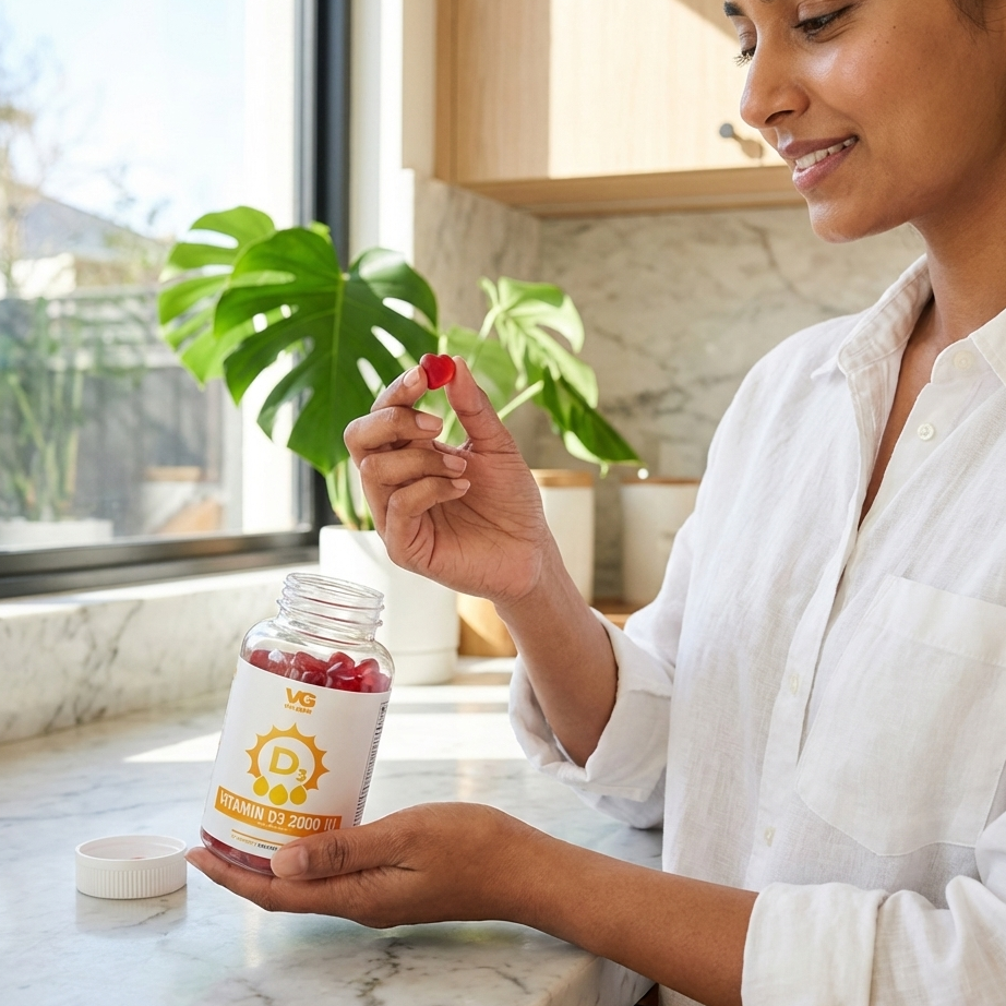 Woman in a robe in her kitchen holding a Vita Globe Super Probiotic Gummies jar with a plant in the background