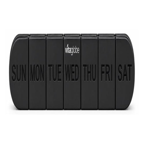 A black weekly calendar organizer with seven vertical compartments labeled SUN through SAT, with the brand name vitaglobe centered near the top.