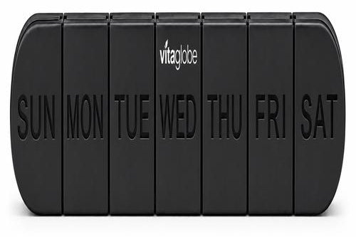 Black 7-day pill organizer with SUN through SAT compartments and the vitaglobe logo on the Wednesday compartment.