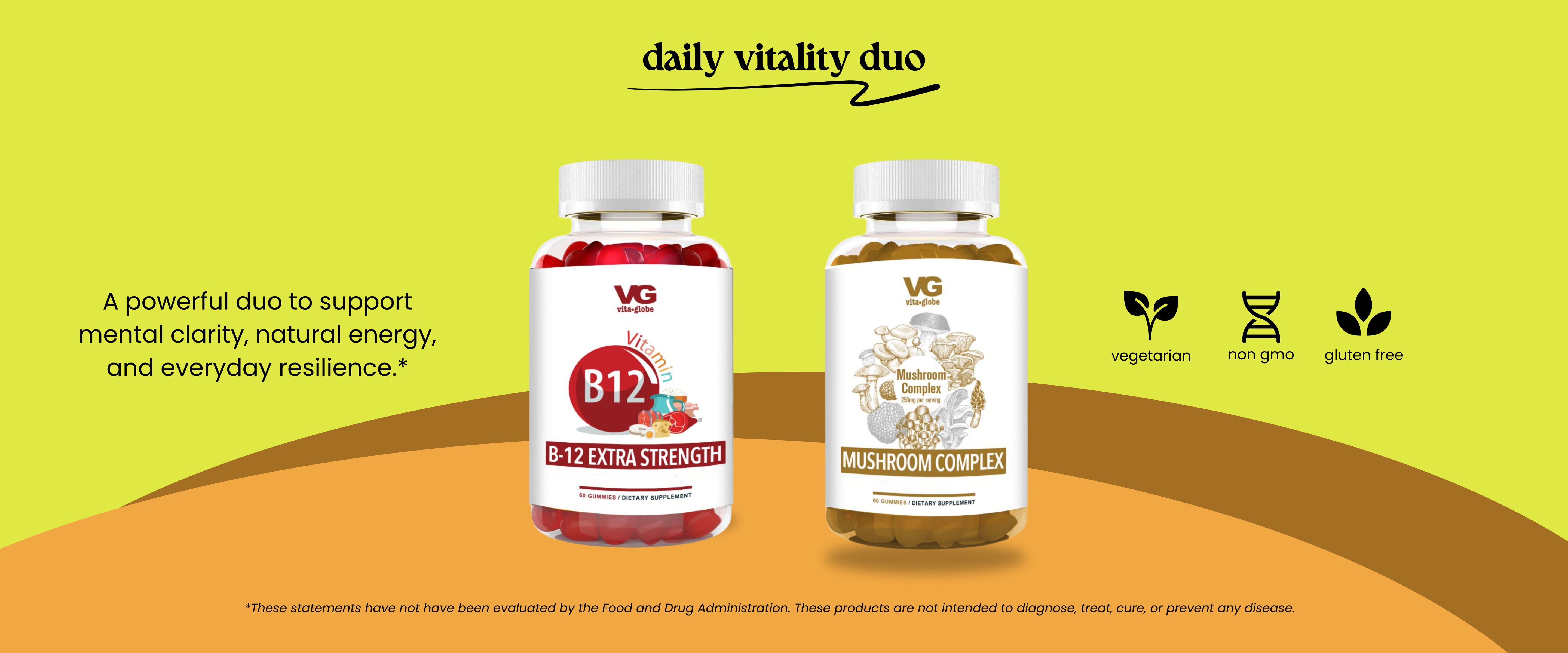 Vita Globe Daily Vitality Duo bottles featuring B12 Extra Strength and Mushroom Complex gummies