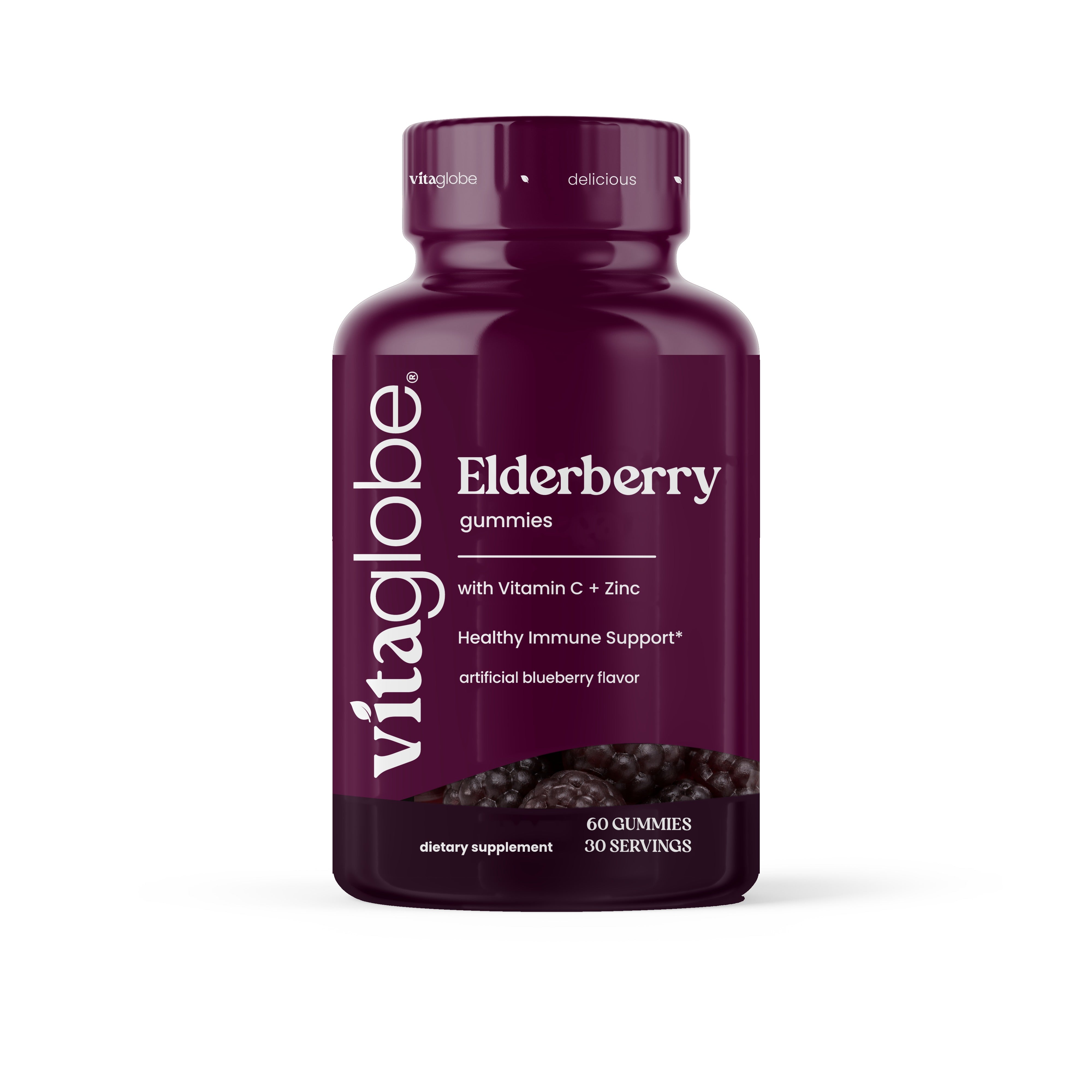 Vita Globe Elderberry Gummies with Vitamin C + Zinc, healthy immune support, artificial blueberry flavor, 60 gummies / 30 servings, front view