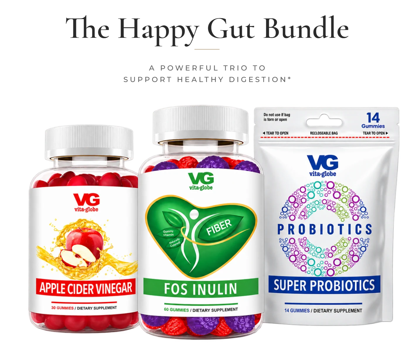 Vita Globe Happy Gut Bundle: Apple Cider Vinegar, FOS Inulin Fiber, and Super Probiotics gummies
