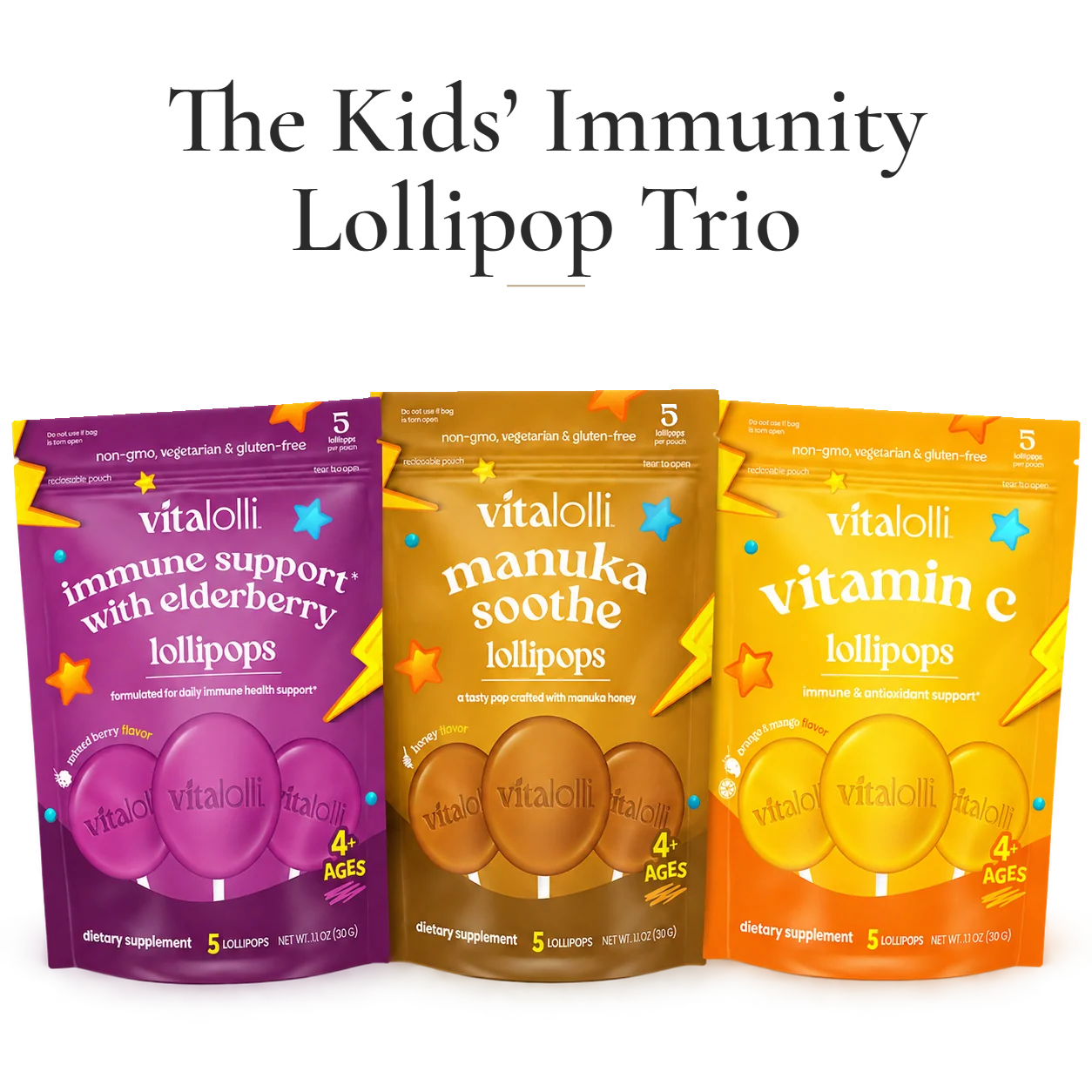 Vita Lolli Kids' Immunity Lollipop Trio: Elderberry, Manuka Soothe, and Vitamin C lollipops